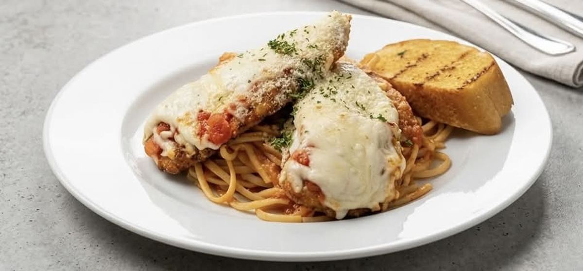 Chicken Parmesan over linguine from Lighthouse 971 catering in Toronto's East End